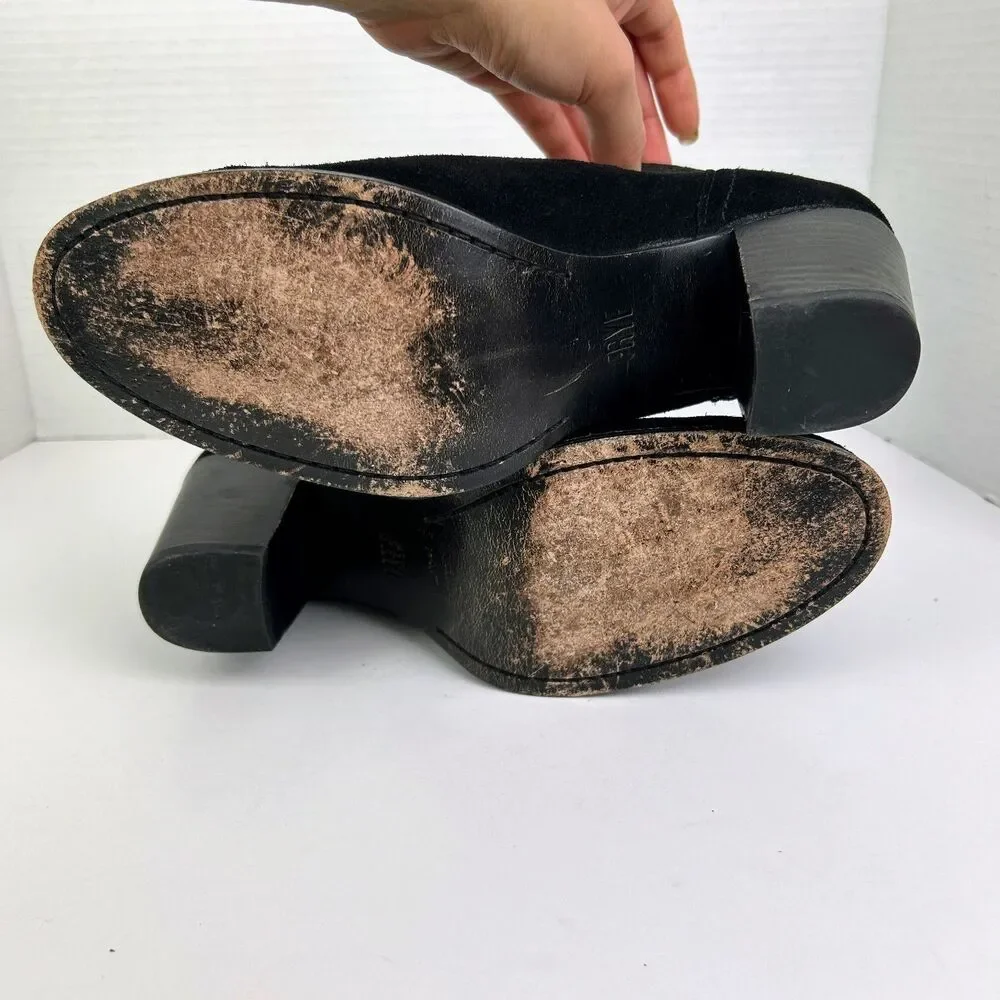 Frye Meghan Ankle Boots Black Suede Booties Cutout Strap w/ Buckle Heeled sz 9